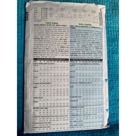 Butterick 5424 skirt top pants pattern - Picture 3 of 7